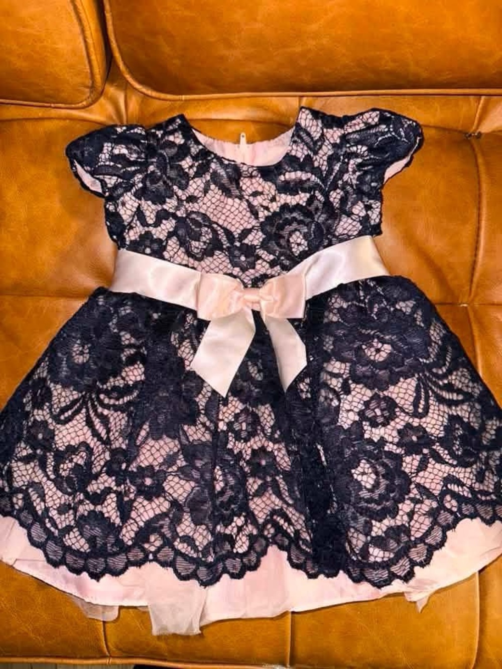 Pink Party Dress with Navy Lace Overlay and Satin Bow